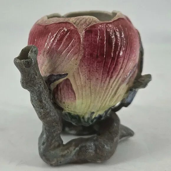 Vintage majolica porcelain unique pink magnolia flower bud blossom decor